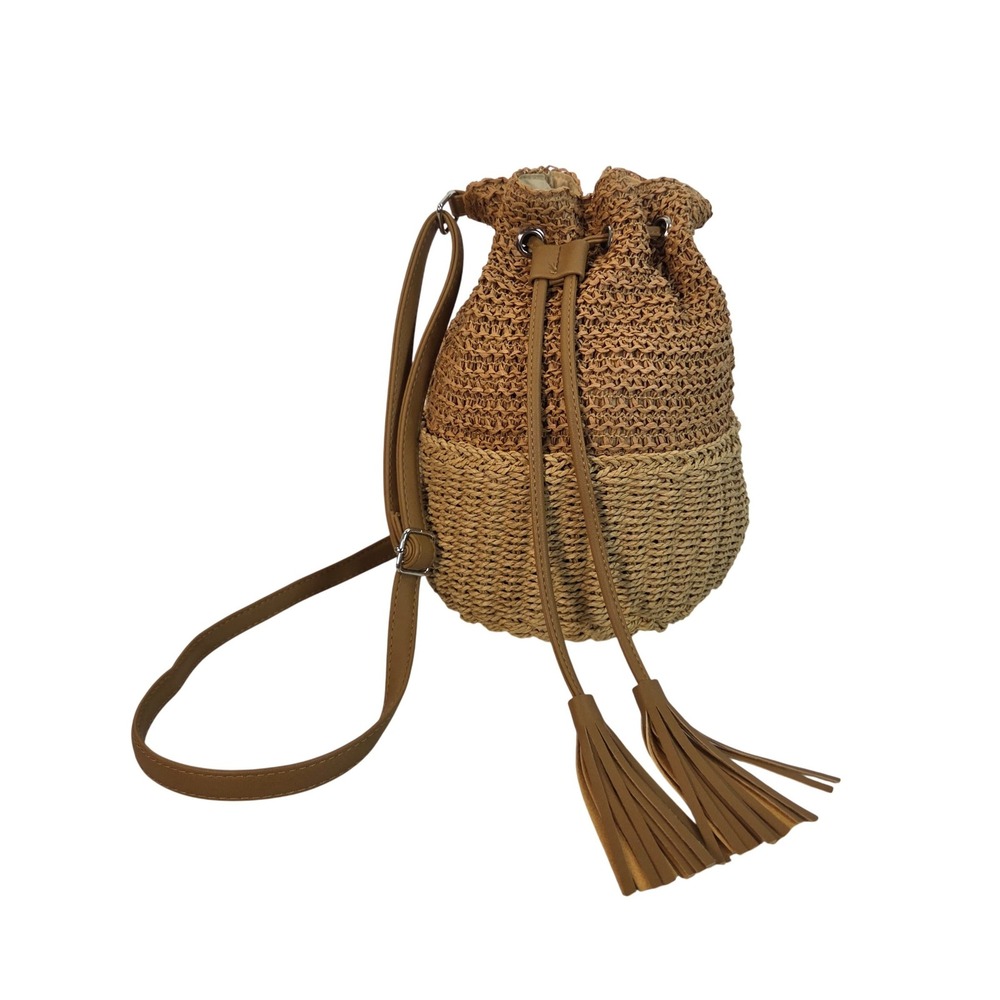 Boho Woven Straw Crossbody Bucket Beach Bag Tan Beige Tassel Drawstring Purse